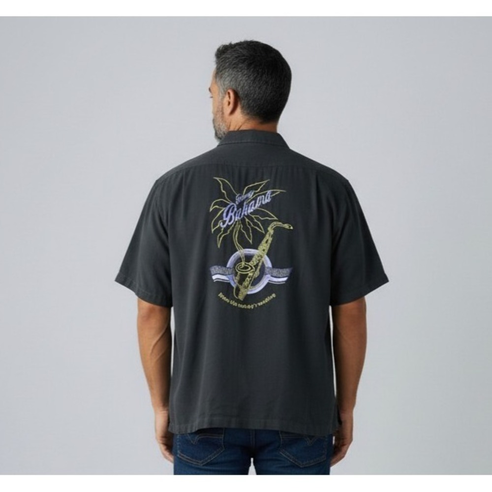 Tommy Bahama Men's XL 100% Silk Island Player Smooth Saxophone Camp Shirt Black